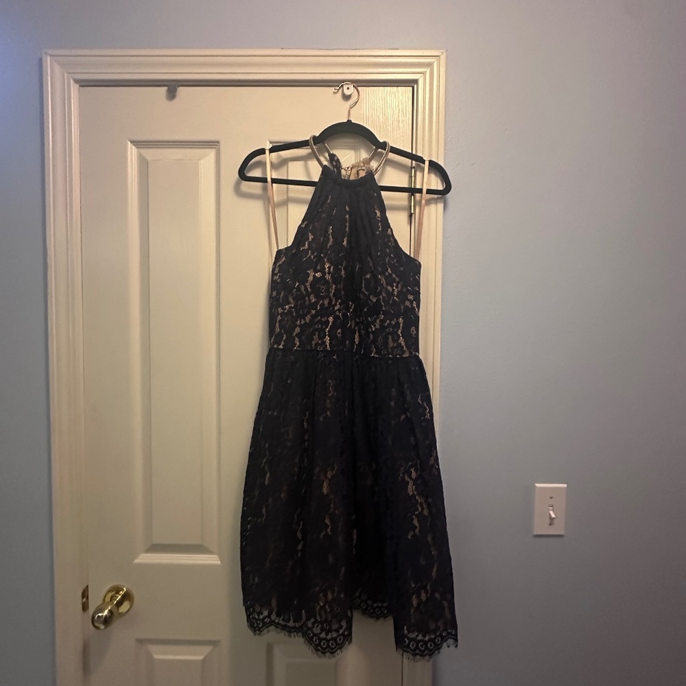 Navy Lace Halter Dress with Gold Neck Detail - Eliza J Size 8